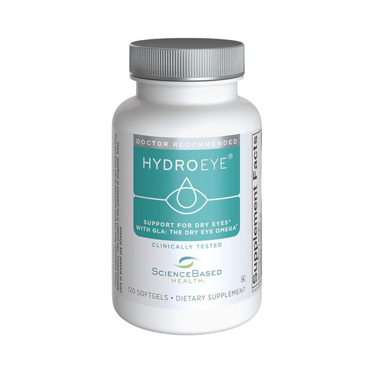 SBH HydroEye dry eye supplement bottle with omega-3s, GLA, and antioxidants to support healthy tear production.