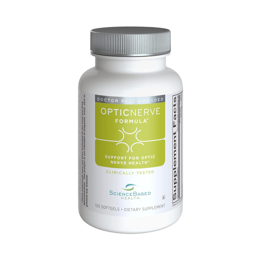 SBH Optic Nerve nutritional supplement bottle with antioxidants and omega fatty acids for optic nerve health.
