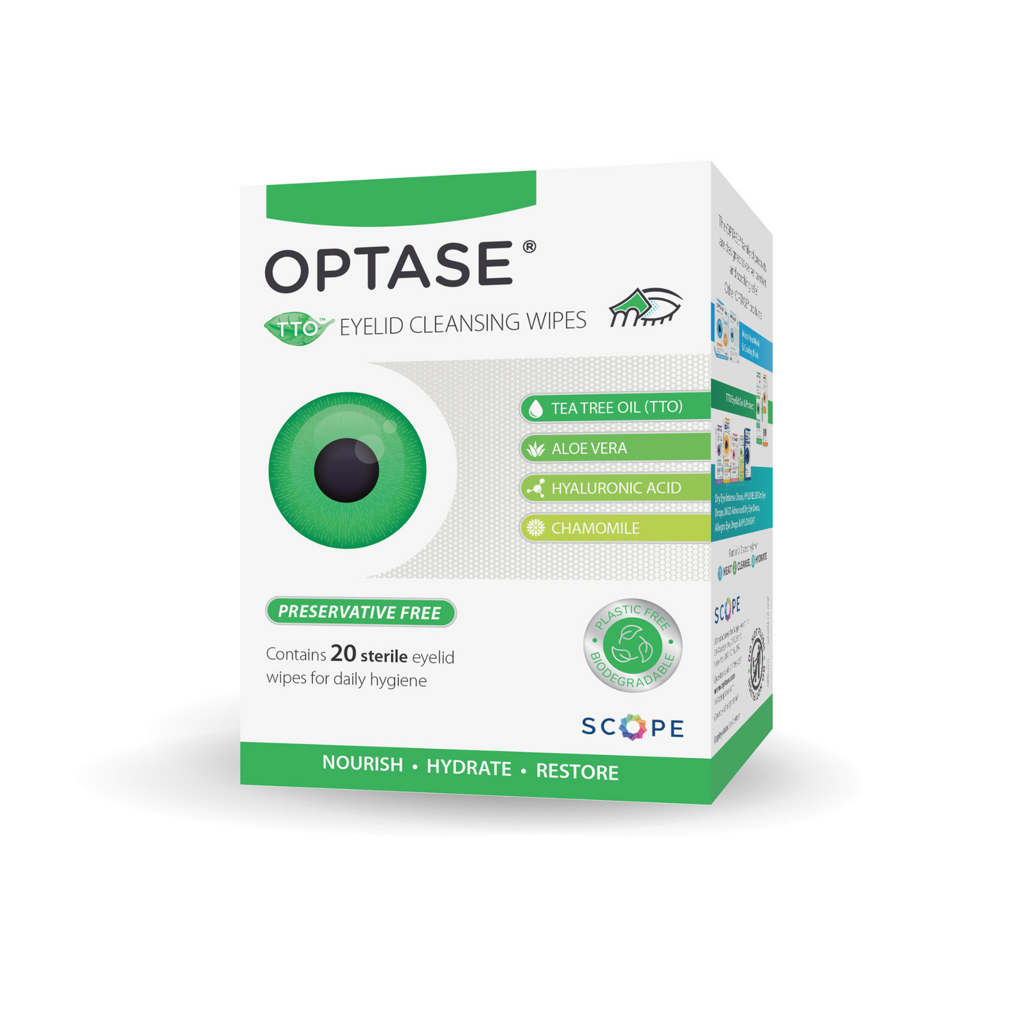 OPTASE TTO Tea Tree Oil Eyelid Cleansing Wipes package for dry eye, blepharitis, and daily eyelid hygiene.