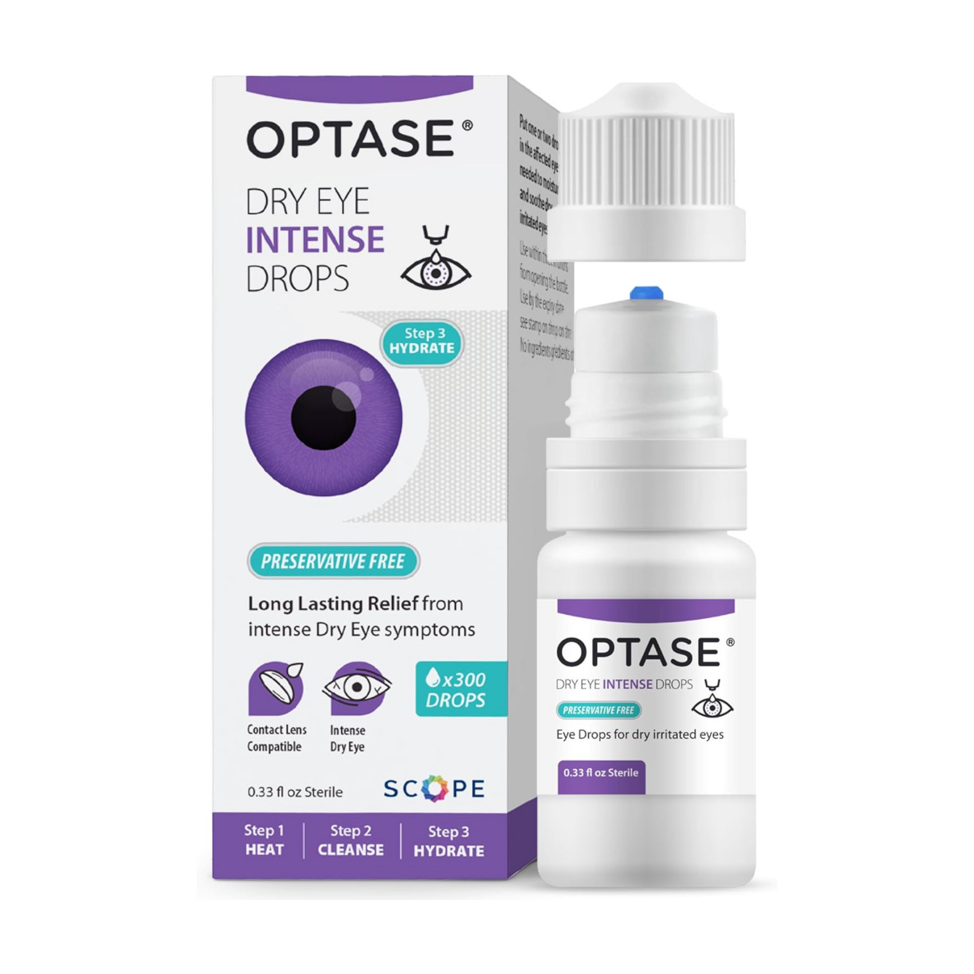 OPTASE Dry Eye Intense Preservative-Free Eye Drops bottle for moderate to severe dry eye relief and long-lasting hydration.